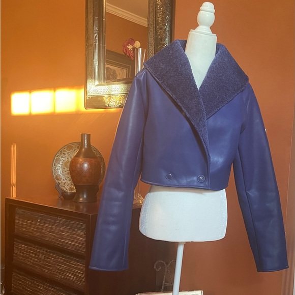 Blue Cropped Faux Leather/ Sherpa Leather Jacker - Picture 12 of 13